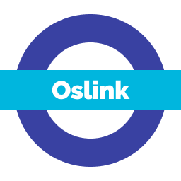 Oslink logo: dark blue roundel, with a light blue rectangle in the center stretching to both sides horizontally