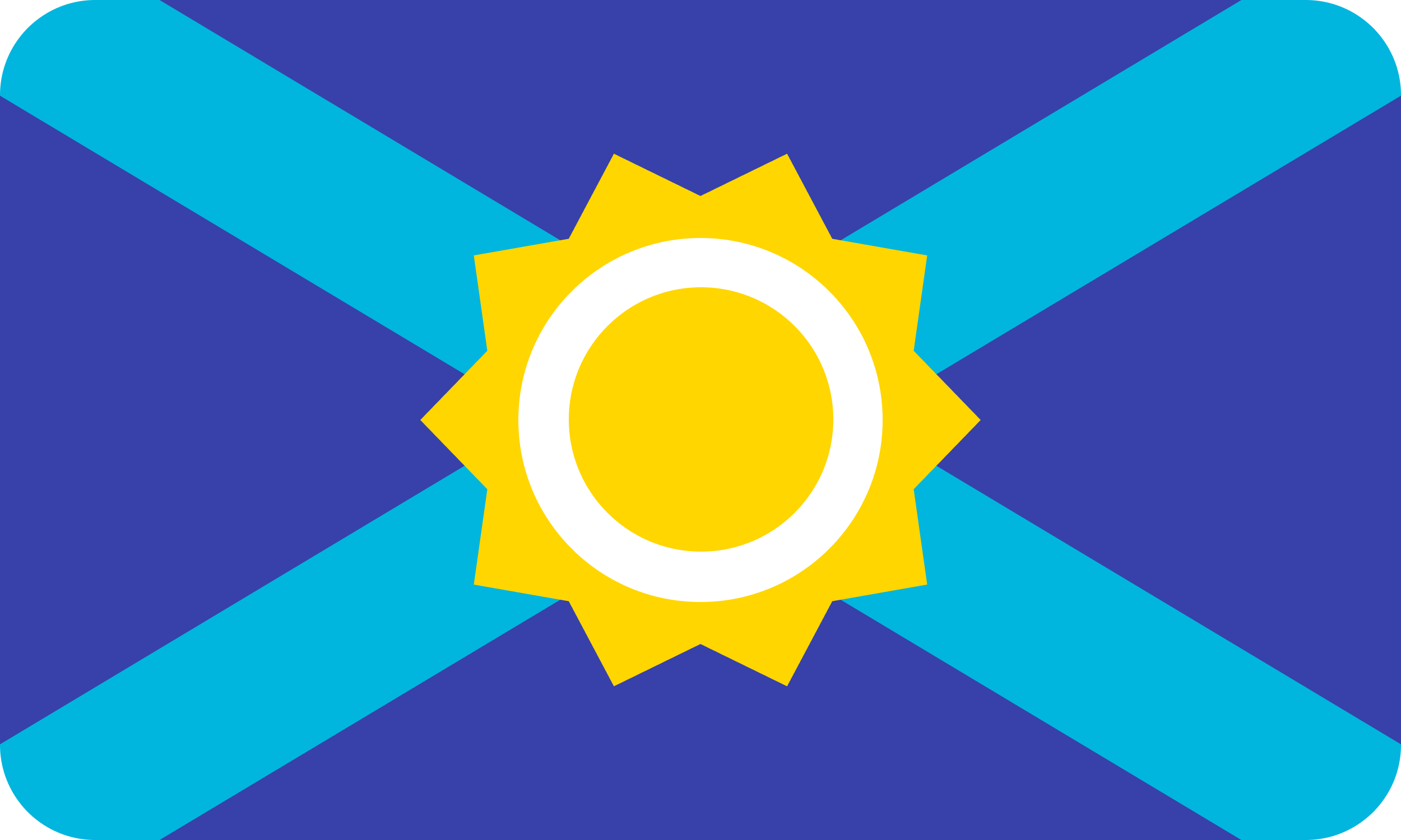 Flag of the Chiefdom of Osolia: light blue, with two darker blue stripes reaching opposing corners, and a yellow sun in the center